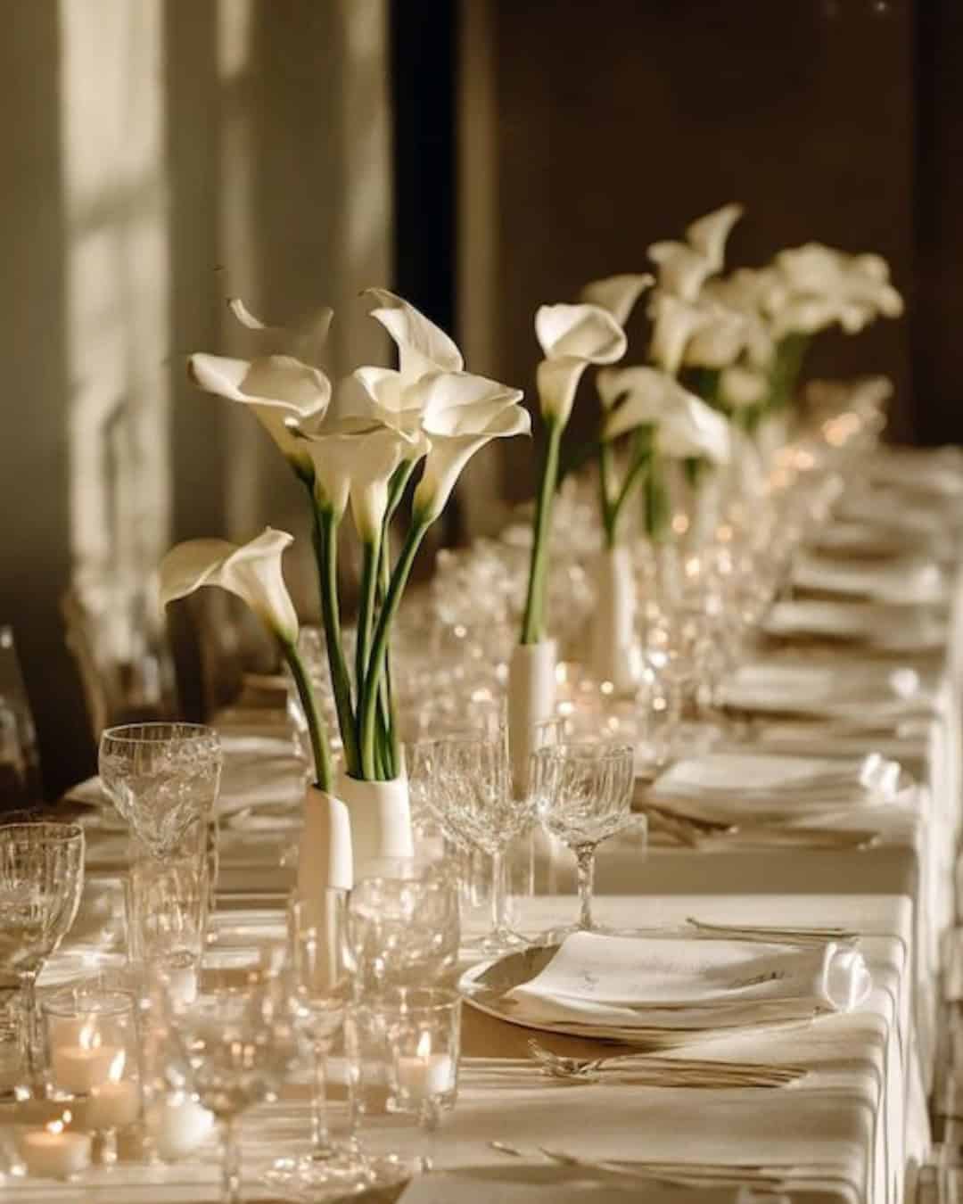Bruiloft inspiratie minimalistic chic wedding witte bloemen glazen lichte en subtiele details