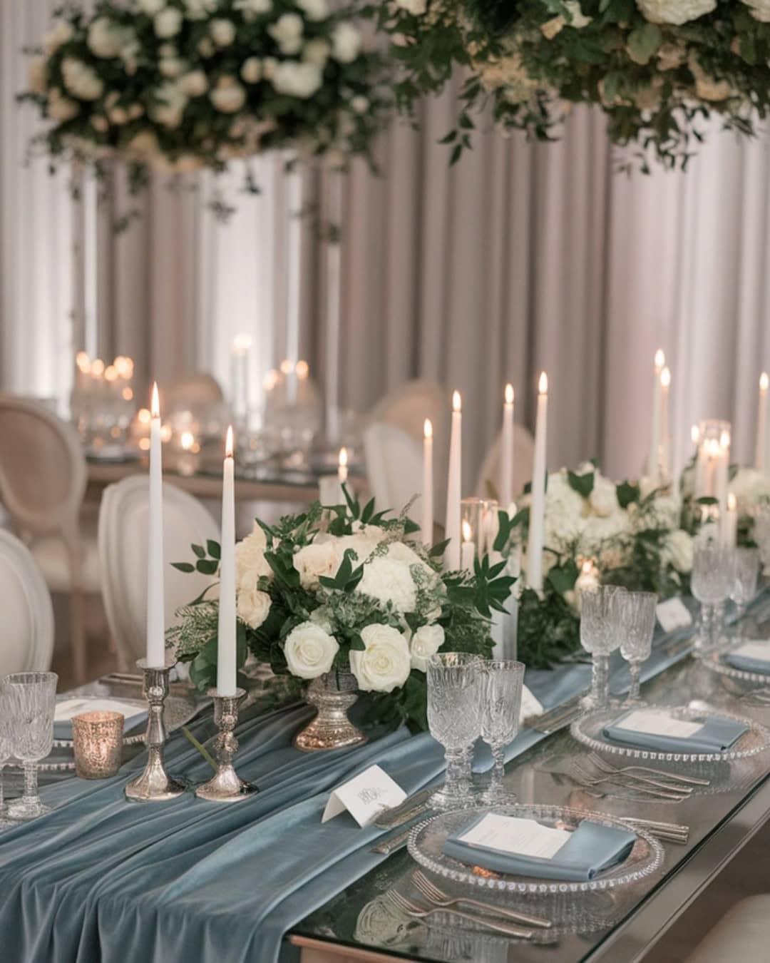 Subtiel blauwe tafeldecoratie voor de bruiloft. Perfect voor iets ouds, geleends, blauws 