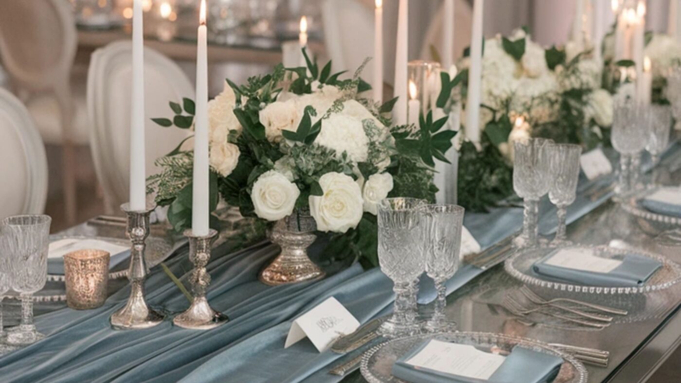 Something blue tafel decoratie bruiloft. Iets ouds, geleends, blauws