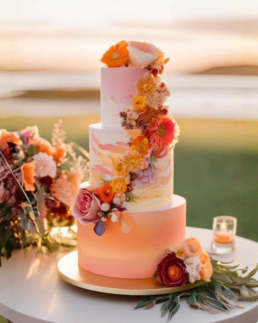 Bruiloft inspiratie bold and colorful wedding gekleurde bruidstaart wedding cake sunset kleuren